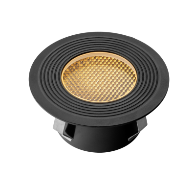 Luminaire encastrable noir avec grille dorée au centre.