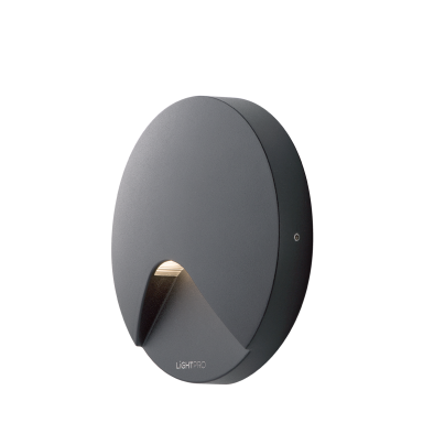 L'applique murale ronde et moderne de couleur gris foncé avec une lumière en dessous.